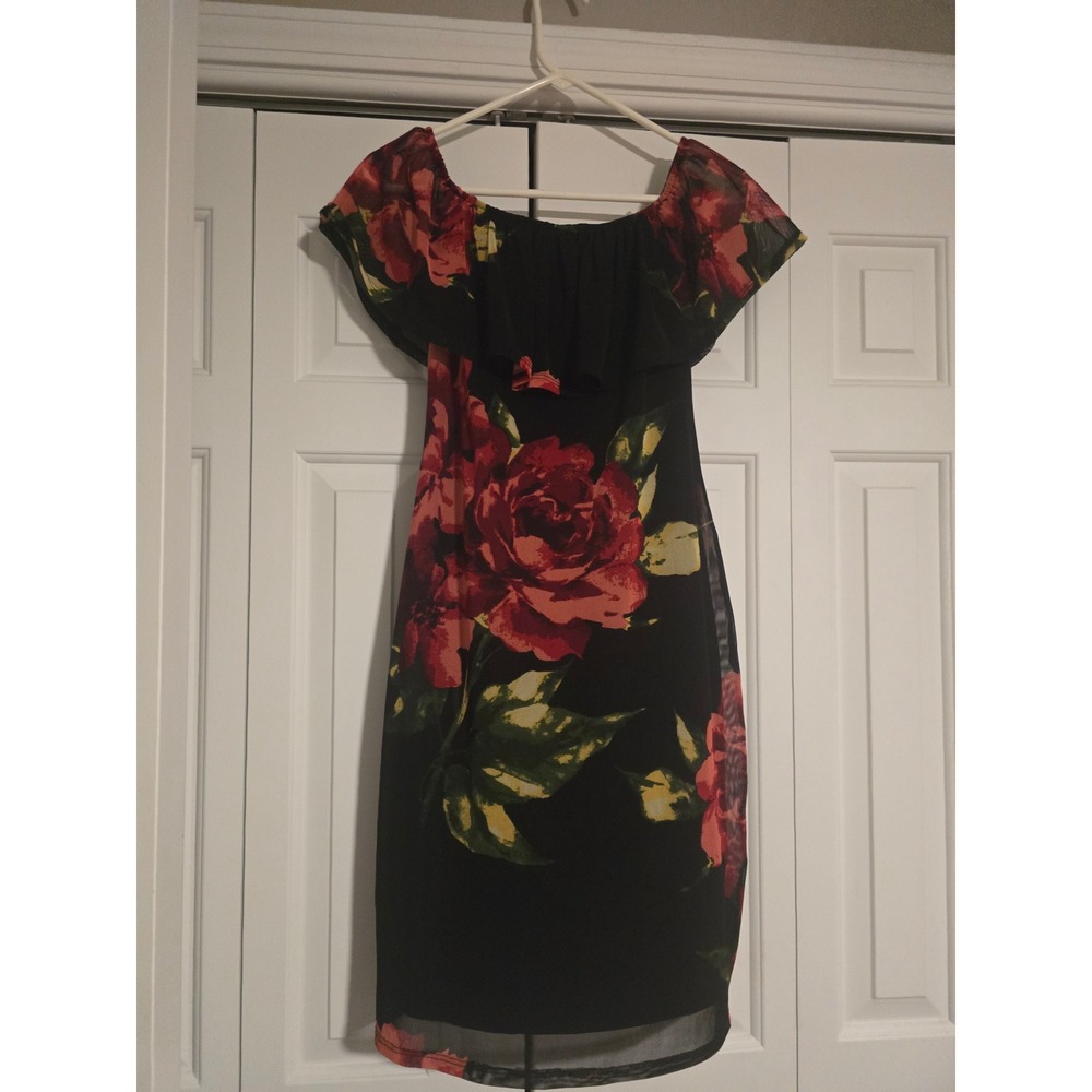 Frank Lyman Design Black Red Floral Rose Off Shoulder Ruffle Mesh Bodycon Dress